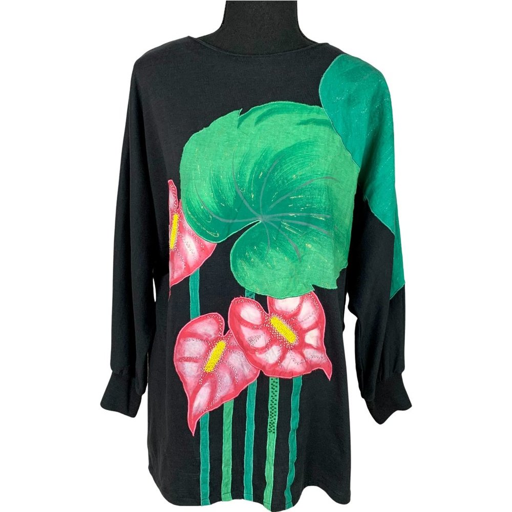 VINTAGE 80s Bonnie Boerer & Company Black Floral Beaded Top